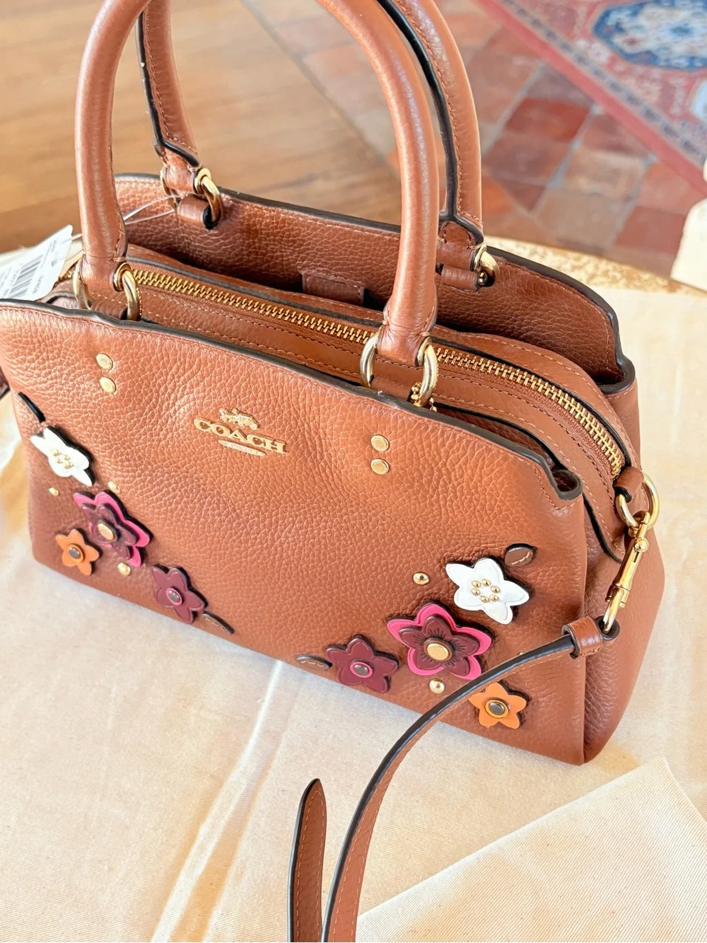 Coach Brown Leather Satchel with Floral Appliqués